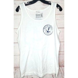 Beach Simple Logo Cotton Blend U.S.A Made Small White Blue Graphics Tank Top